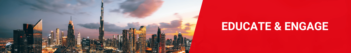 Dubai skyline with 'educate & inspire' on in ISUOG branding